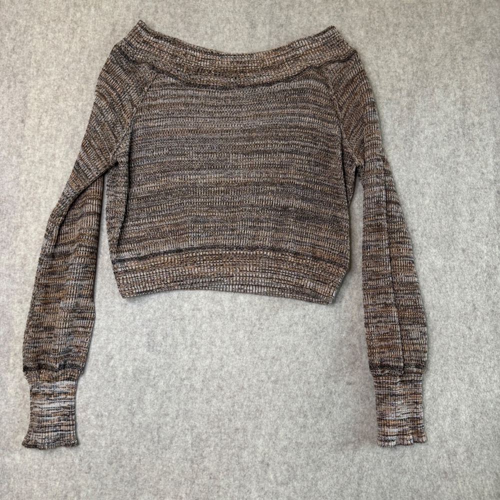 Free People Off Shoulder Cropped Knit Sweater Womens XL Brown Marled NWT